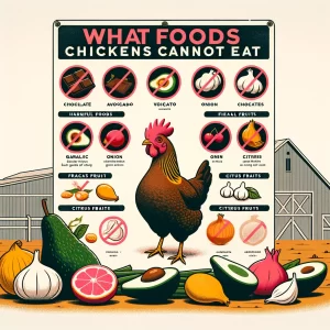 Illustrative poster of a hen with a list of foods they can't eat, including chocolate, avocado, onions, garlic, and citrus.