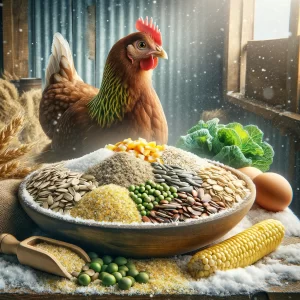Chicken beside a bowl of various grains and fresh vegetables with corn on the cob nearby.
