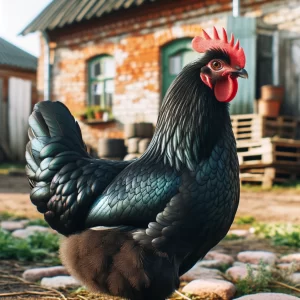 A Black Leghorn chicken with a glossy iridescent plumage and prominent red comb stands alert in a farmyard.