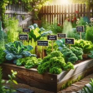 A vibrant kitchen garden with kale, herbs, and greens in raised beds. Article cheap Chicken Feed.