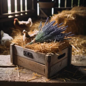 Chicken nesting box with a bunch of lavender sprigs.