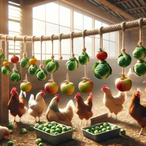 Chickens in a coop with a string of Brussels sprouts and apples hanging at head level.