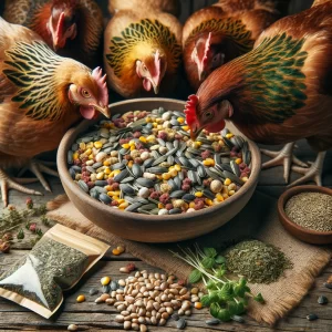 "Chickens feasting on a bowl of homemade feed, filled with seeds and colorful herbs, on a rustic wood backdrop."