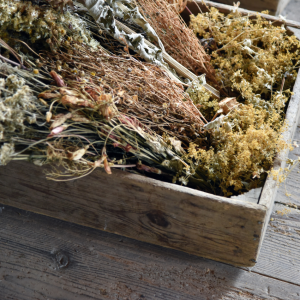 Assorted bundles of dried herbs in a wooden crate, ready to be mixed into chicken feed.