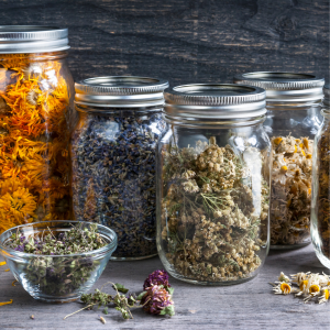 Mason jars filled with dried marigold, lavender, and chamomile for chicken feed on a dark wooden background."