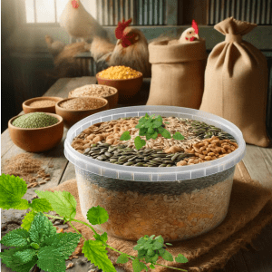  A plastic container filled with various types of chicken feed, including seeds and grains, with fresh lemon balm leaves on top, surrounded by wooden bowls and burlap sacks filled with different grains. Chickens are in the background inside a rustic barn setting.